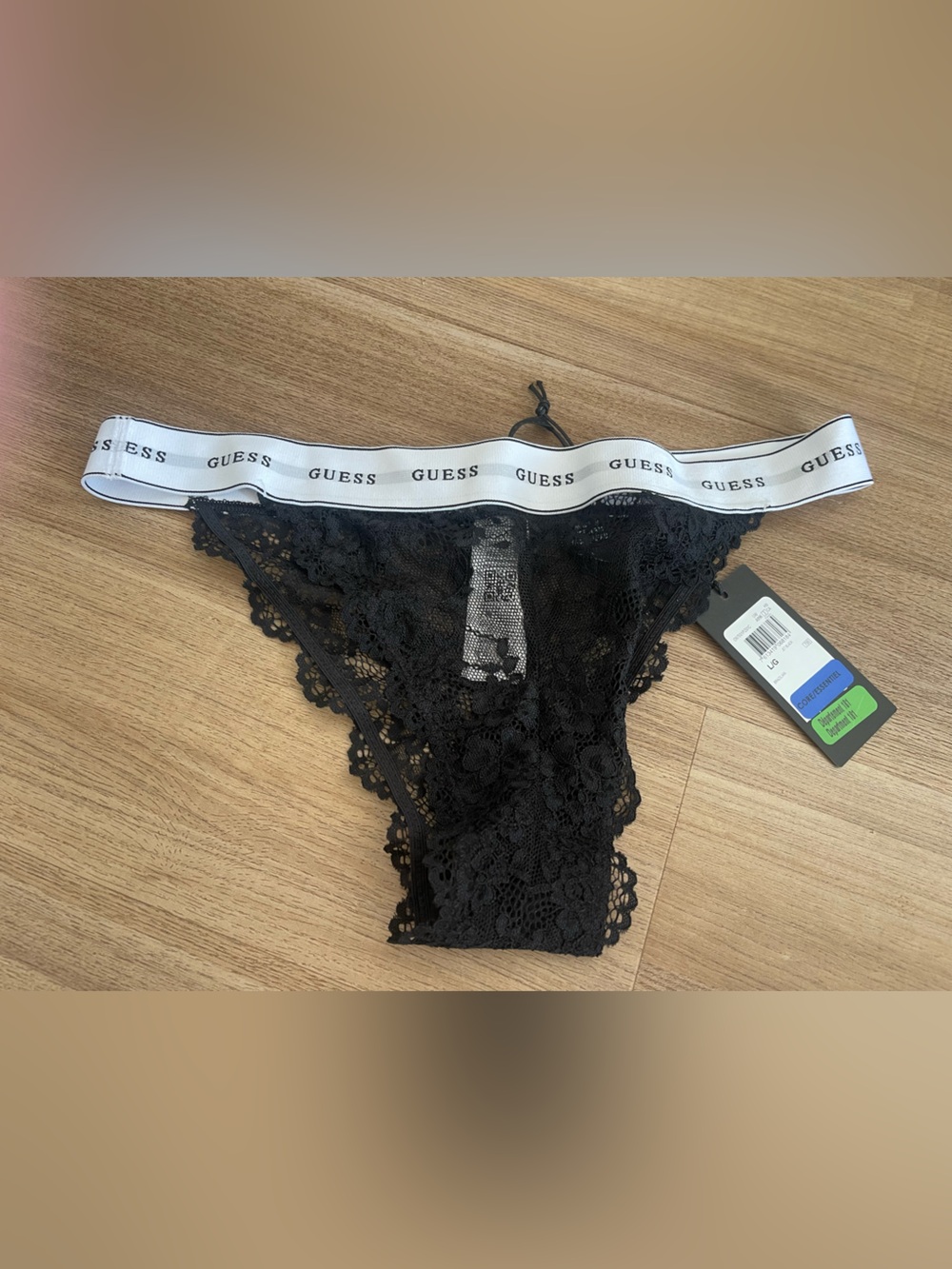 NWT GUESS Women's Black Lace Cheeky Bikini Panty with Branded Waistband size L
